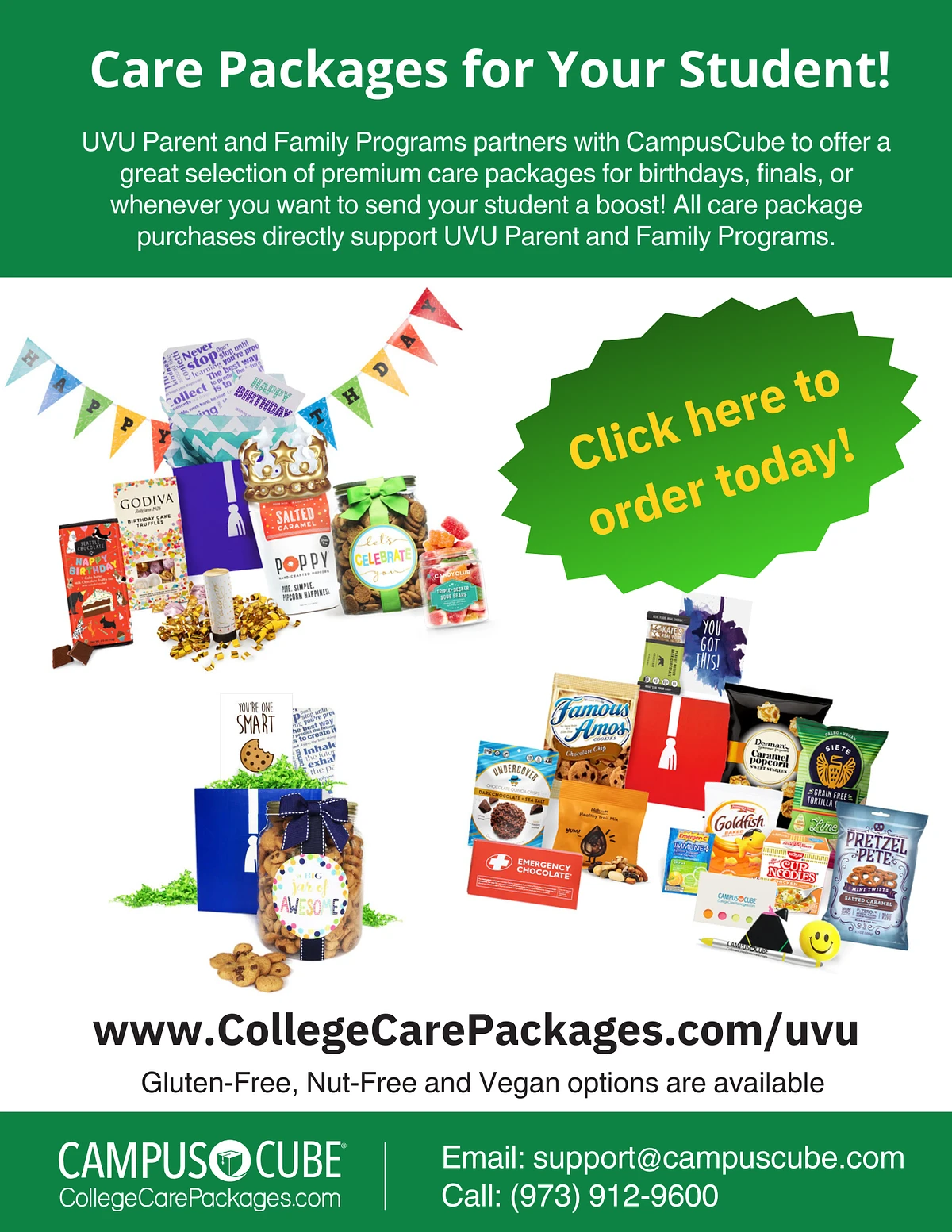 This image is an advertisement for college care packages offered by UVU Parent and Family Programs in partnership with CampusCube, featuring various snacks and gifts.