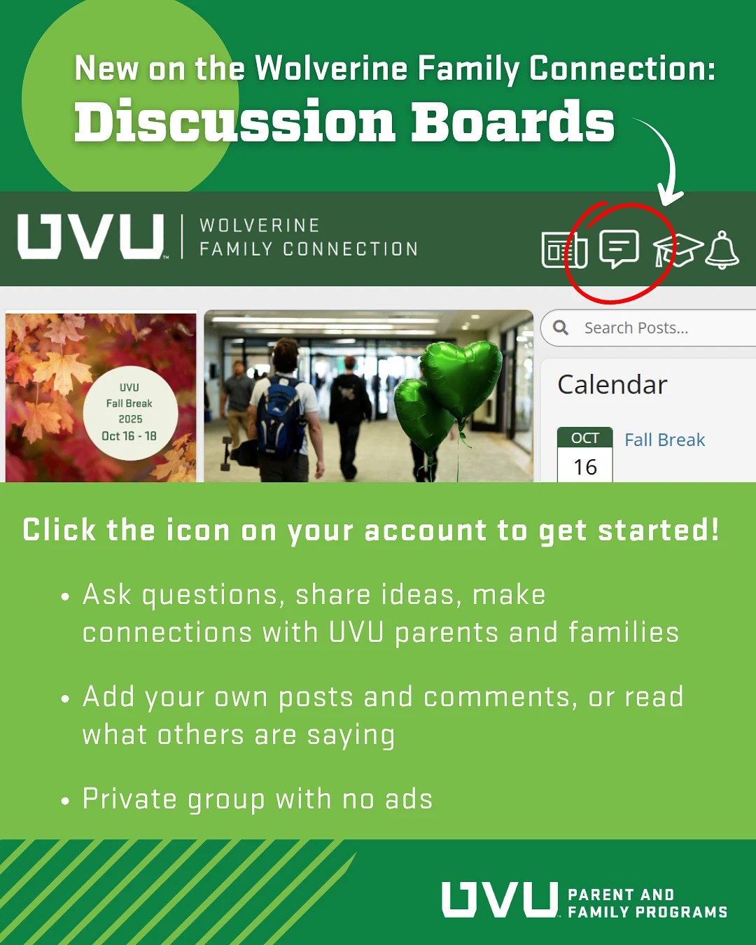 The image promotes new discussion boards on the Wolverine Family Connection, encouraging UVU parents and families to connect and share ideas.