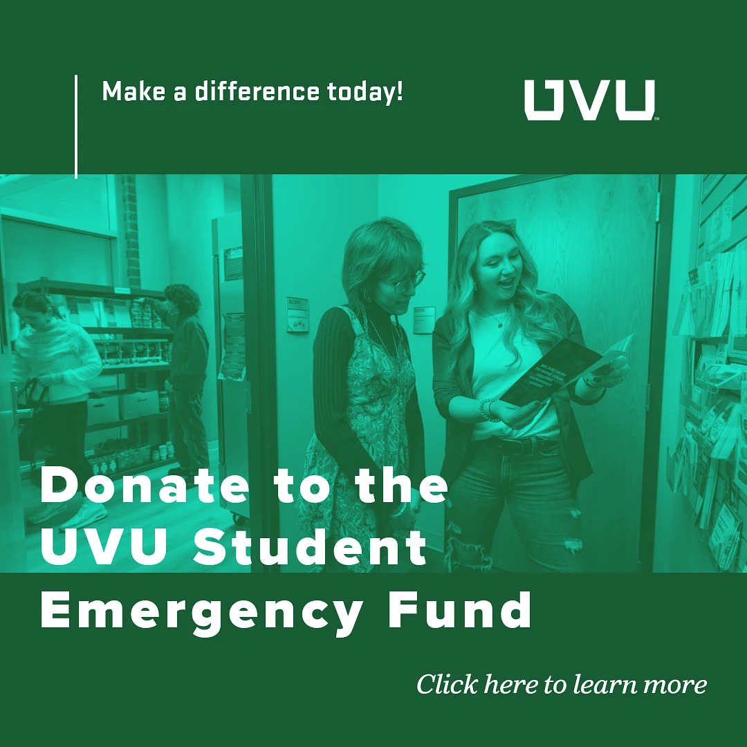 The image promotes donating to the UVU Student Emergency Fund with a call to "Make a difference today!"